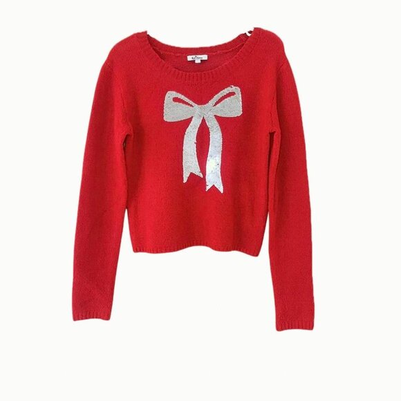 Red sequin sweater bow print holiday Christmas vibe - Picture 2 of 7